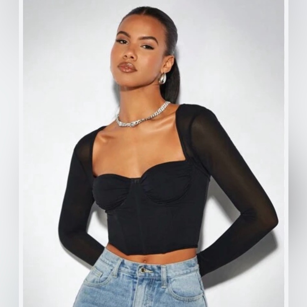 SHEIN Black Sheer-Sleeve Corset Top